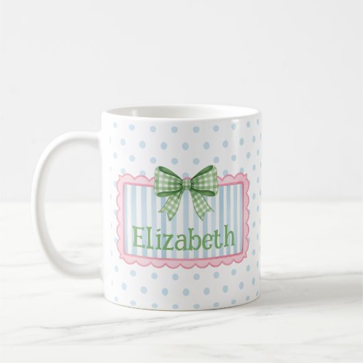 Rosa und blauer Rahmen mit grüner Gingham-Schleife Kaffeetasse (Links)