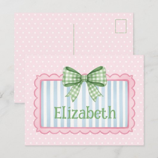 Rosa und blauer Rahmen mit grüner Gingham-Schleife Postkarte (Vorne/Hinten)