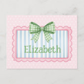 Rosa und blauer Rahmen mit grüner Gingham-Schleife Postkarte (Vorderseite)
