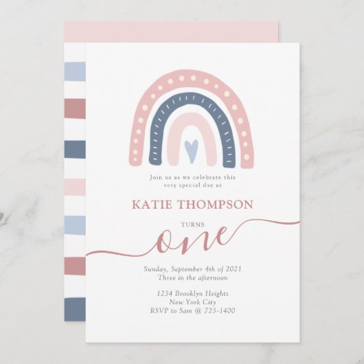 Rosa und Blauer Regenbogen Boho Erster Geburtstag Einladung (Vorne/Hinten)
