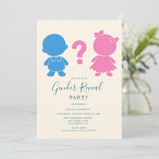 Rosa und blaues Baby Silhouette Gender Reveal Part Einladung (Stehend Vorderseite)