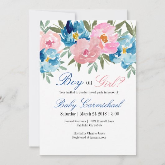 Rosa und blaues Blumengeschlecht laden Party ein Einladung (Vorderseite)