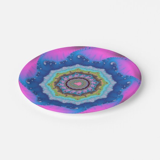 Rosa und blaues Fraktal Geburtstag Pappteller (Schrägansicht)