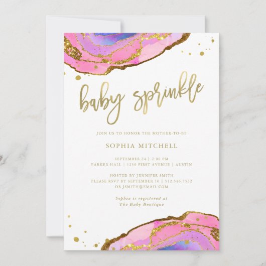 Rosa und blaues Geode mit Baby des Gold| besprühen Einladung (Vorderseite)