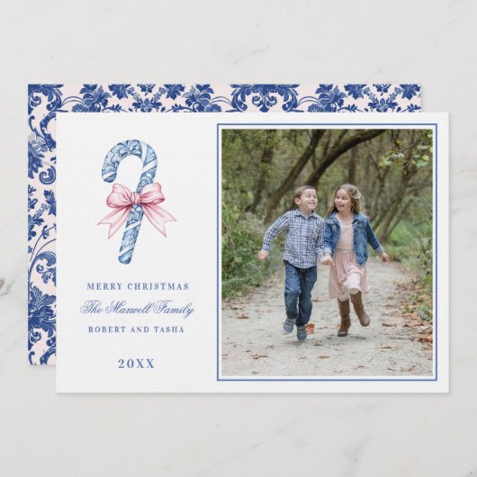 Rosa und blaues Grandmillennial Candy Cane Foto Einladung (Vorne/Hinten)