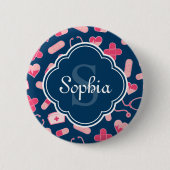Rosa und blaues Krankenmuster mit Monogramm Button (Vorderseite)