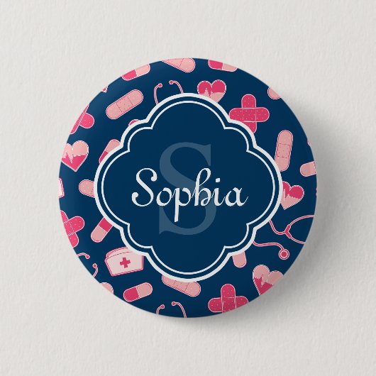 Rosa und blaues Krankenmuster mit Monogramm Button (Vorderseite)
