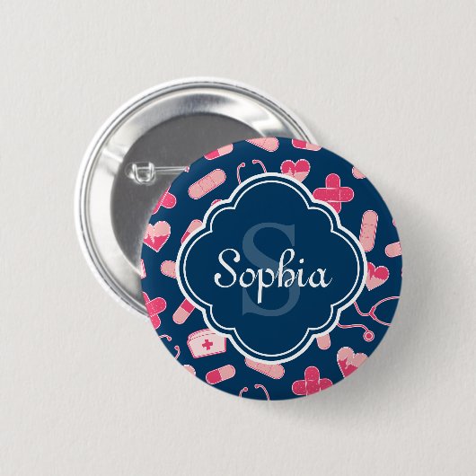 Rosa und blaues Krankenmuster mit Monogramm Button (Vorne & Hinten)