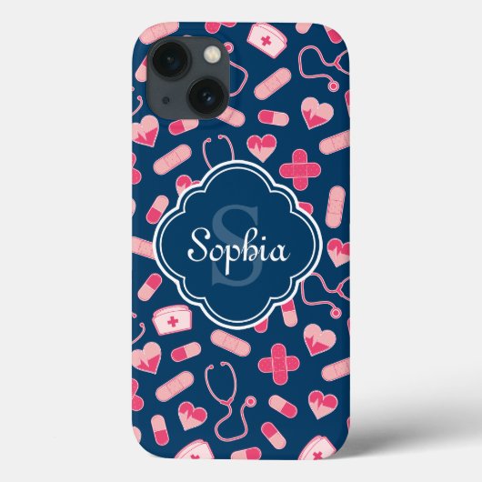 Rosa und blaues Krankenmuster mit Monogramm Case-Mate iPhone Hülle (Rückseite)