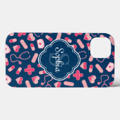 Rosa und blaues Krankenmuster mit Monogramm Case-Mate iPhone Hülle (Rückseite (Horizontal))