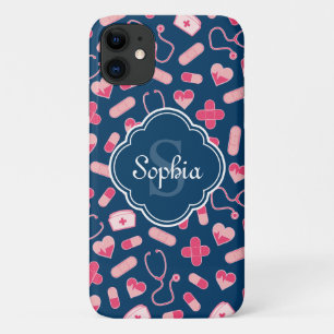 Rosa und blaues Krankenmuster mit Monogramm Case-Mate iPhone Hülle