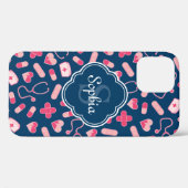 Rosa und blaues Krankenmuster mit Monogramm Case-Mate iPhone Hülle (Rückseite (Horizontal))