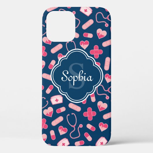 Rosa und blaues Krankenmuster mit Monogramm Case-Mate iPhone Hülle (Rückseite)