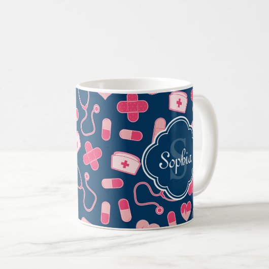 Rosa und blaues Krankenmuster mit Monogramm Kaffeetasse (VorderseiteRechts)