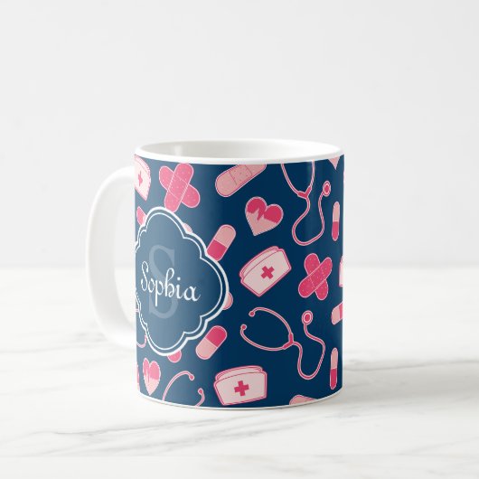 Rosa und blaues Krankenmuster mit Monogramm Kaffeetasse (Vorderseite Links)