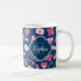 Rosa und blaues Krankenmuster mit Monogramm Kaffeetasse