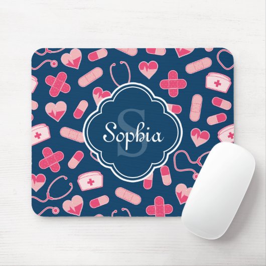 Rosa und blaues Krankenmuster mit Monogramm Mousepad (Mit Mouse)