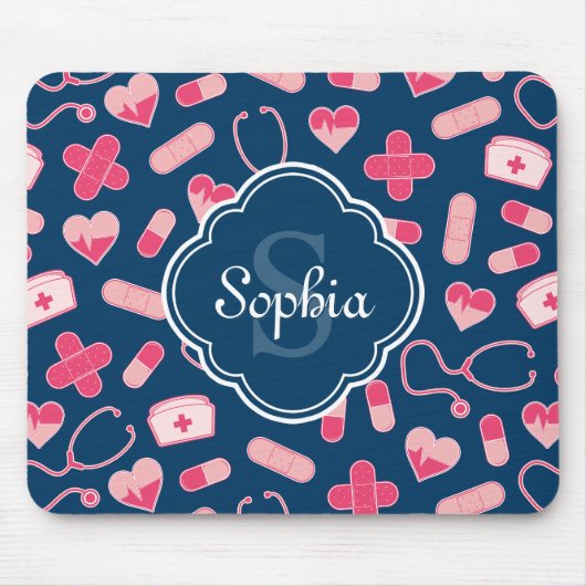 Rosa und blaues Krankenmuster mit Monogramm Mousepad (Vorne)
