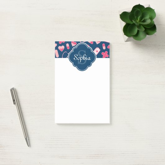 Rosa und blaues Krankenmuster mit Monogramm Post-it Klebezettel (Büro)