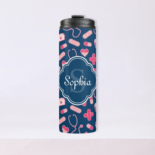 Rosa und blaues Krankenmuster mit Monogramm Thermosbecher