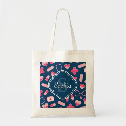 Rosa und blaues Krankenmuster mit Monogramm Tragetasche (Vorne)