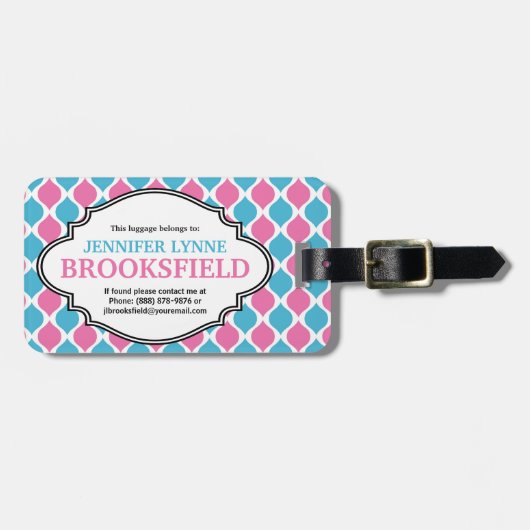 Rosa und blaues Mod-Retro Muster personalisiert Gepäckanhänger (Vorderseite horizontal)