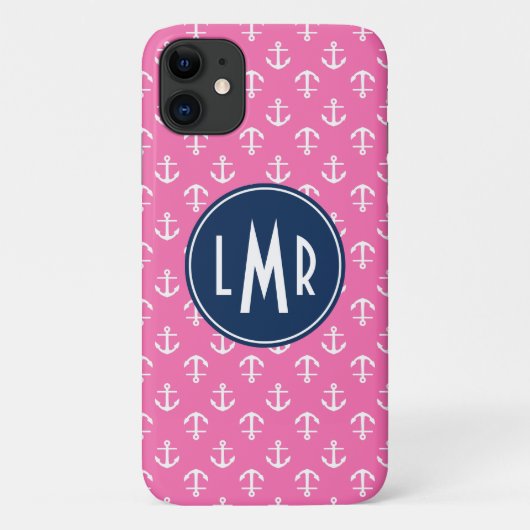 Rosa und blaues Monogramm verankert Muster Case-Mate iPhone Hülle (Rückseite)