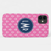 Rosa und blaues Monogramm verankert Muster Case-Mate iPhone Hülle (Rückseite (Horizontal))