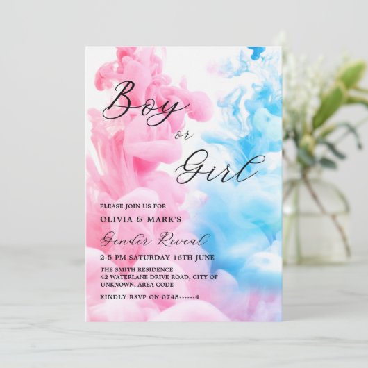 Rosa und blaues Rauch Baby Gender Reveal Party Einladung (Stehend Vorderseite)