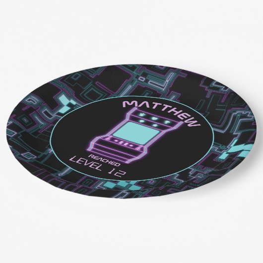 Rosa und blaues Retro-Arcade-Videospiel Pappteller (Schrägansicht)