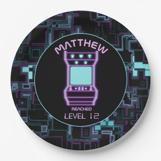 Rosa und blaues Retro-Arcade-Videospiel Pappteller (Vorderseite)