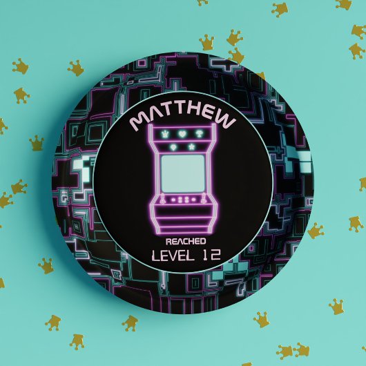 Rosa und blaues Retro-Arcade-Videospiel Pappteller