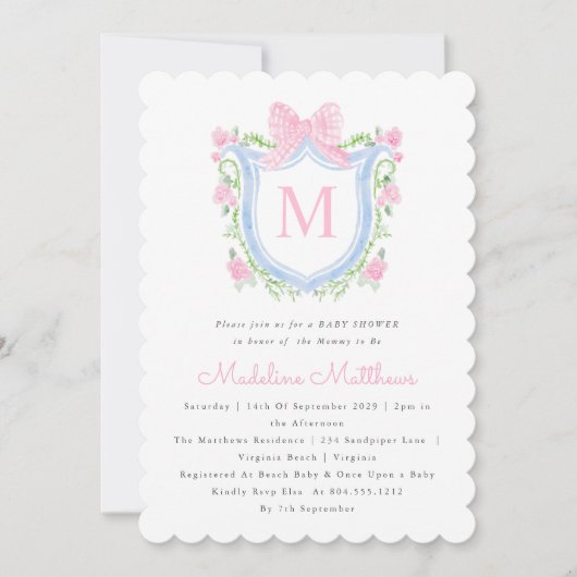 Rosa und blaues Wappen Kinderdusche Einladung (Vorderseite)