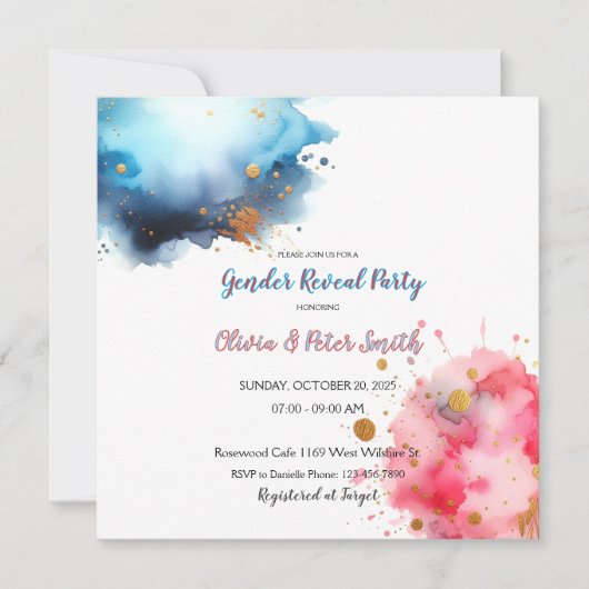 Rosa und blaues Watercoloar-Geschlecht Save The Date (Vorderseite)