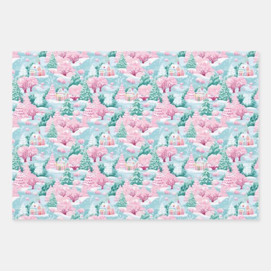 Rosa und blaues Weihnachtsdorf Geschenkpapier Set (Vorderseite 2)