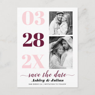 Rosa und Bordeaux, zwei Foto Save the Date Postkarte