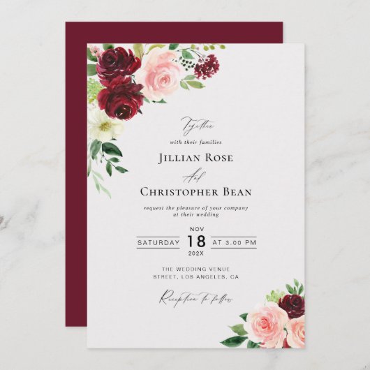 Rosa und bordeauxrot Einladung zur Hochzeit (Vorne/Hinten)
