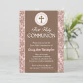 Rosa und braun Bläserblüte Erste Heilige Kommune Einladung (Stehend Vorderseite)