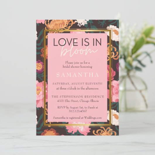 Rosa und braun Boho Blumendusche Einladung (Stehend Vorderseite)