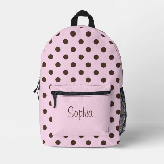 Rosa und braun gepunkteter Rucksack mit personalis (Vorderseite)