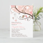 Rosa und braun lieben Vögel Brautdusche Einladung (Stehend Vorderseite)