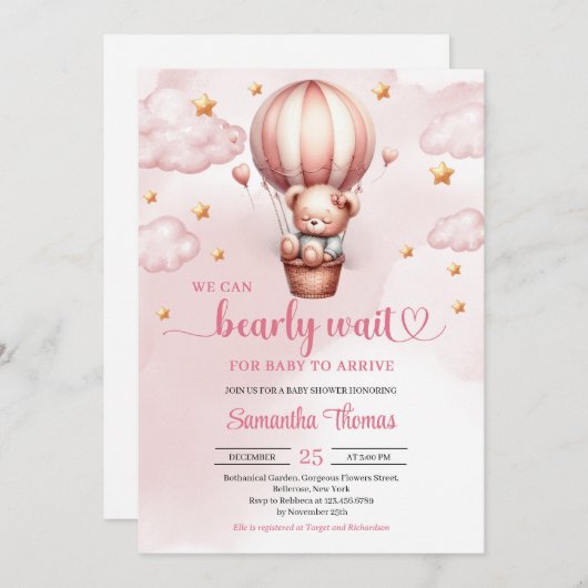 Rosa und braun wartende Mädchendusche Einladung (Vorne/Hinten)