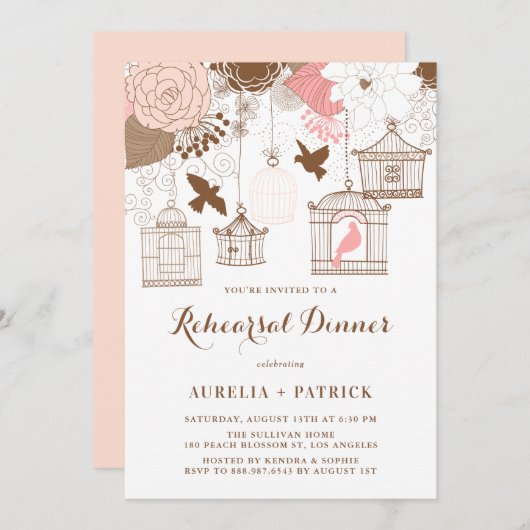 Rosa und braune Birdcages Probe Dinner Einladung (Vorne/Hinten)