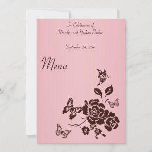 Rosa und braune Blumen und Schmetterlinge Menü Einladung