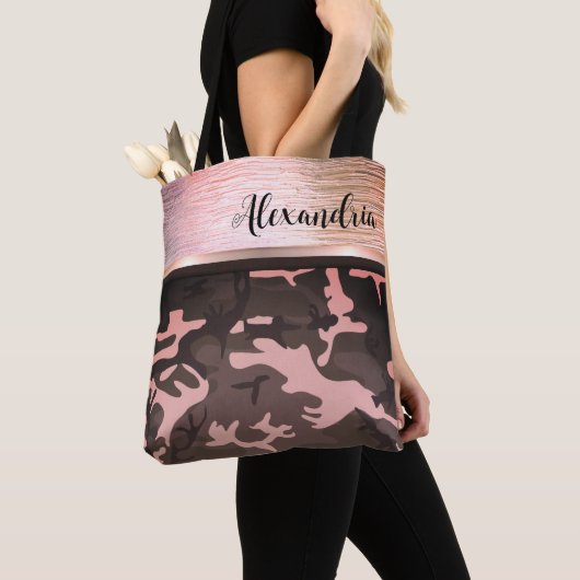 Rosa und braune Camouflage Glimmery Chic Tote Bag Tasche (Von Nahem)
