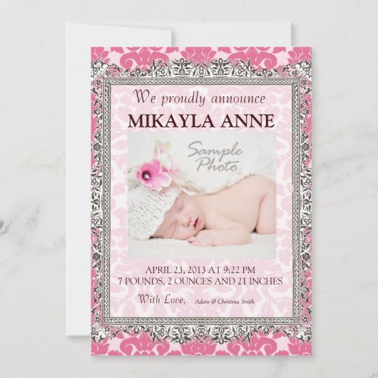Rosa und braune Damaskus Geburtserklärung Ankündigung (Vorderseite)