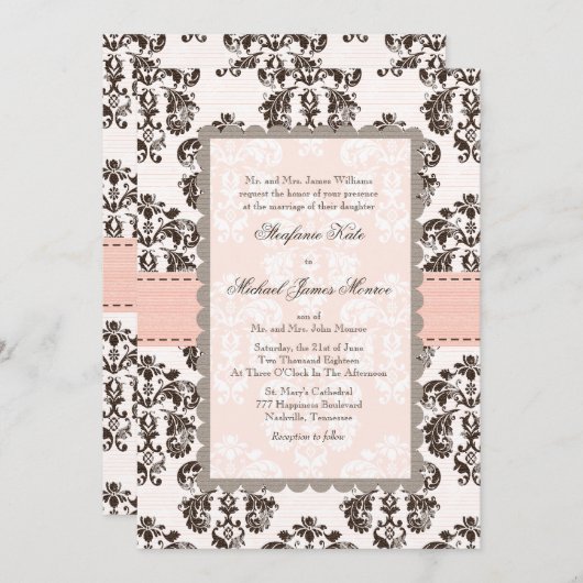 Rosa und braune Damast Hochzeitseinladungen Einladung (Vorne/Hinten)