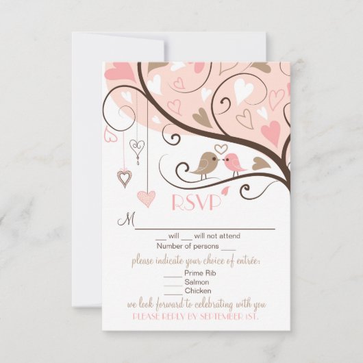 Rosa und braune Lovebirds UAWG Wedding Card RSVP Karte (Vorderseite)