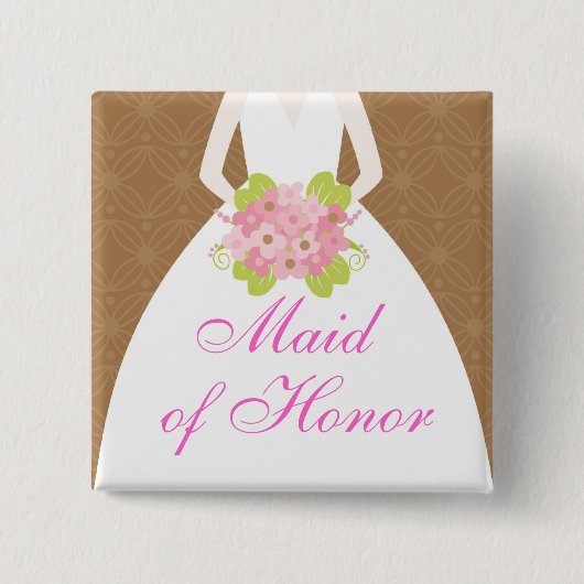 Rosa und braunes Hochzeitskleid Brautparty Button (Vorderseite)