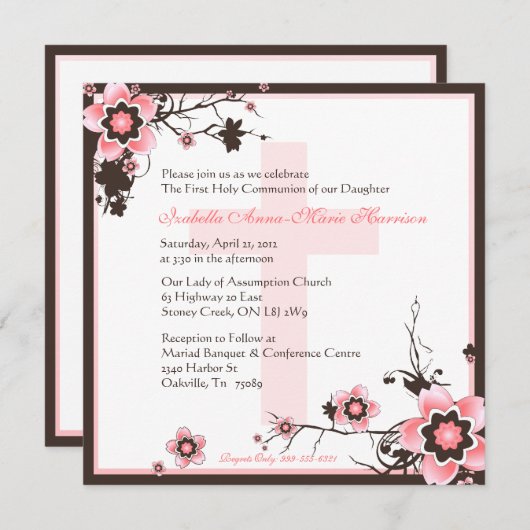 Rosa-und Brown-Kirschblüten-Kommunions-Einladung Einladung (Vorne/Hinten)